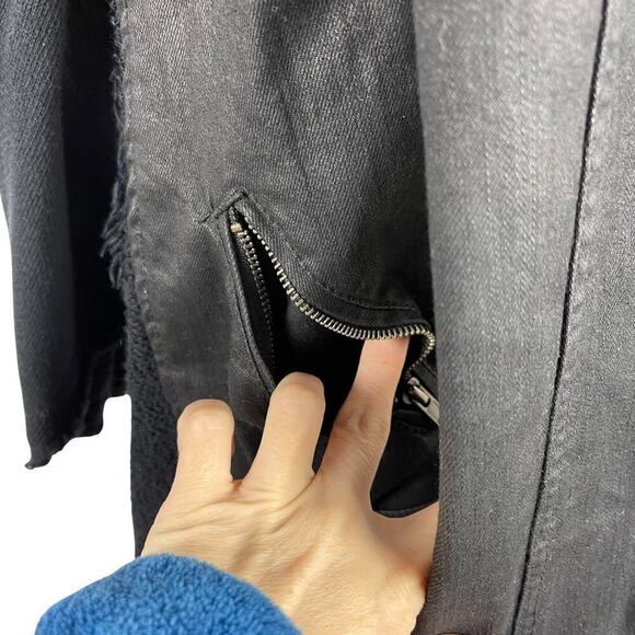 Free People Drape Front Coated Waxed Denim Moto Cropped Jacket Black Zip Cuffs 4 - Picture 7 of 14